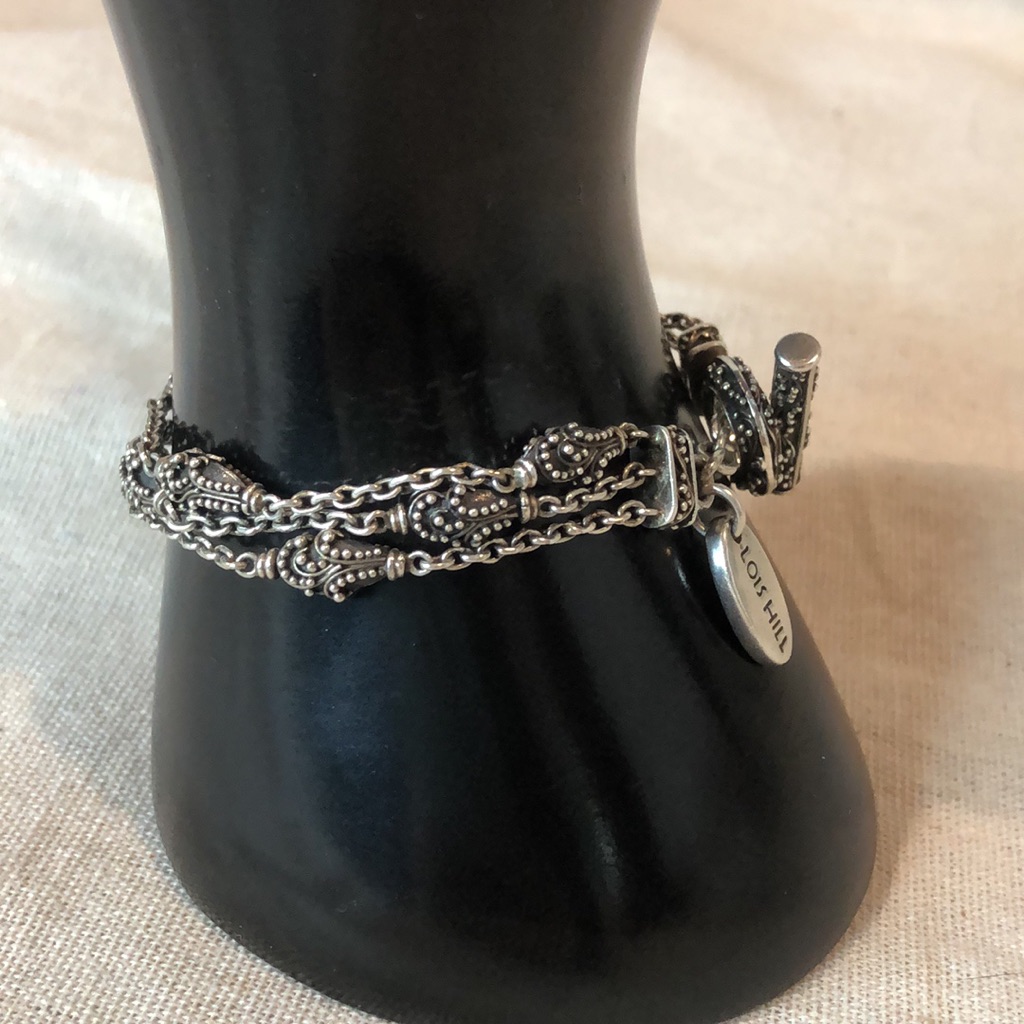 Lois Hill Sterling Silver Triple Strand Toggle Bracelet With Granulated Stations